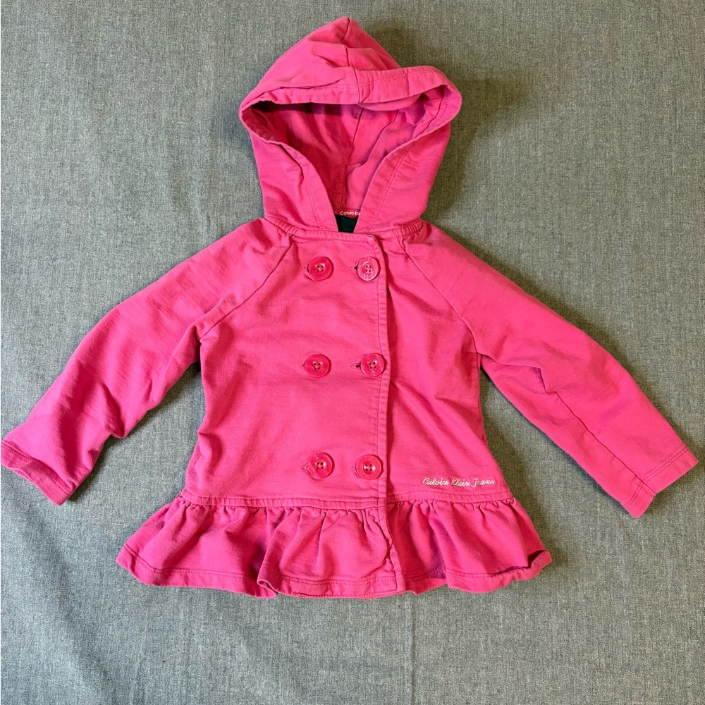 Calvin Klein Jeans Girls' Bright Pink Hooded Peplum Pea Coat